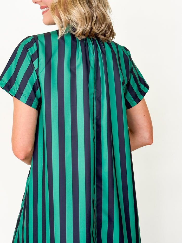 Angela - Navy + Green Striped Midi Dress
