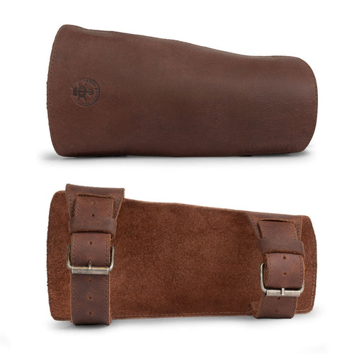 Valhalla Gear Archery Arm Guard displayed upright, highlighting the high-quality full grain leather and adjustable straps. Ideal for archers looking for a reliable forearm protector for shooting practice or LARPing, this handmade accessory embodies artisan skill, combining traditional craftsmanship with modern design.