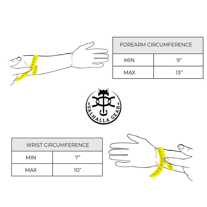 Sizing guide for the Valhalla Gear Archery Arm Guard depicting forearm and wrist circumference measurements. Essential for ensuring a perfect fit, this handmade accessory is crafted from premium full grain leather, ideal for both LARPing and serious shooting practice.