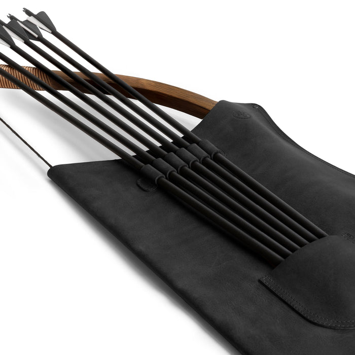 Close-up of the black Archery Bow Carrier with Arrow Slots from Valhalla Gear, focusing on the arrow storage design. Perfect for archers, this artisan-crafted, full grain leather carrier suits shooting and cosplay needs, emphasizing handmade quality.