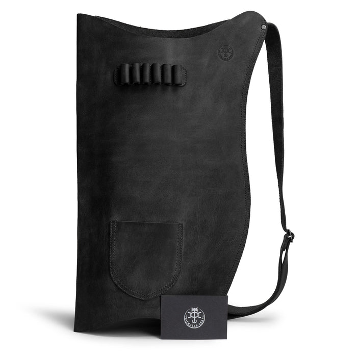 Front view of the black Archery Bow Carrier with Arrow Slots by Valhalla Gear, showcasing its unique design and features. The carrier, made of full grain leather, is perfect for archers engaged in training, cosplay, or shooting, emphasizing handcrafted quality.