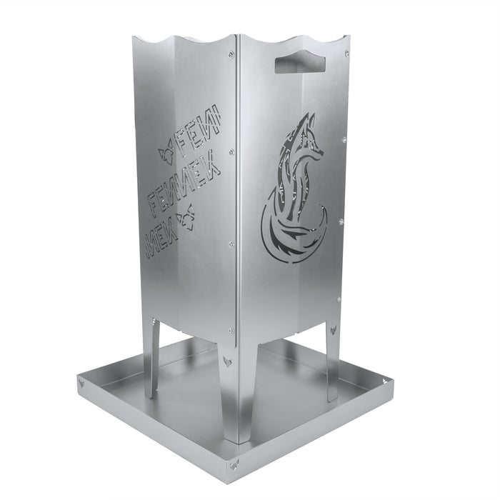 Freisteller der FENNEK Feuersäule, die in der Aschewanne steht. Aus Stahl oder Edelstahl und natürlich Made in Germany.