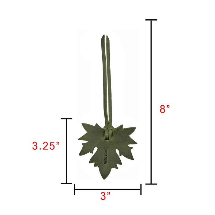 Measurement image of the Autumn Bookmark (3 pack) by Hide & Drink, displaying the dimensions of the maple leaf bookmarks. These handcrafted full grain leather bookmarks make great gifts for friends and family, perfect for any book lover. Autumn Bookmark (3 Pack), Bookworm Gifts, Cute Accessories, Artisan, Handmade in La Antigua Guatemala.