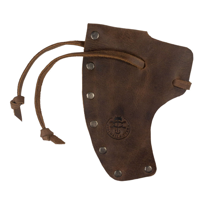 Close-up of the Axe Head Sheath with String by Valhalla Gear, showing its craftsmanship and durability. This artisan product, made with fire br branding, is perfect for hatchet owners and complements any fork bag for bikers, made from the finest full grain leather.