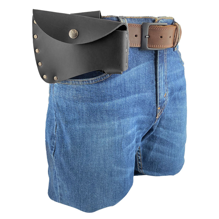 Axe Head Sheath by Valhalla Gear worn on a belt, easily merging practicality and style for any outdoorsman. Axe Head Sheath - Protector Case Cover, Hatchet Blade Safety Sleeve, Camping Accessory, Lumberjack Outdoors Work Essentials, Full Grain Leather, StockyardX, Small Batch Production, Hand Cut, Hand Sewn, Fire Branded, Artisan, Handmade in La Antigua Guatemala & Oaxaca Mexico.