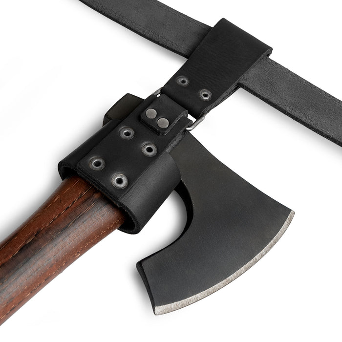 Valhalla Gear Axe Holder with Belt Loop attached to a belt, demonstrating its use as a stylish hip holster for tools. This handmade accessory from La Antigua Guatemala is crafted from full grain leather, ensuring both durability and aesthetic appeal.