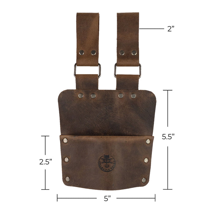 Detailed specifications of the Axe Holster, Durable Carrier for Lumberjack by Valhalla Gear, featuring dimensions and construction details. This full grain leather accessory for tools is perfect for safe and convenient home improvement, showcasing handmade quality from La Antigua Guatemala.