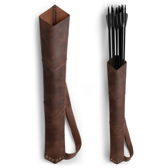 Valhalla Gear's Back Quiver, a handmade full grain leather arrow holder designed for archery enthusiasts. This vintage holder for shooting practice is perfect for training, showcasing artisan craftsmanship with small batch production techniques, hand cut and hand sewn. Fire branded for authenticity, it's a unique accessory for outdoor adventures.