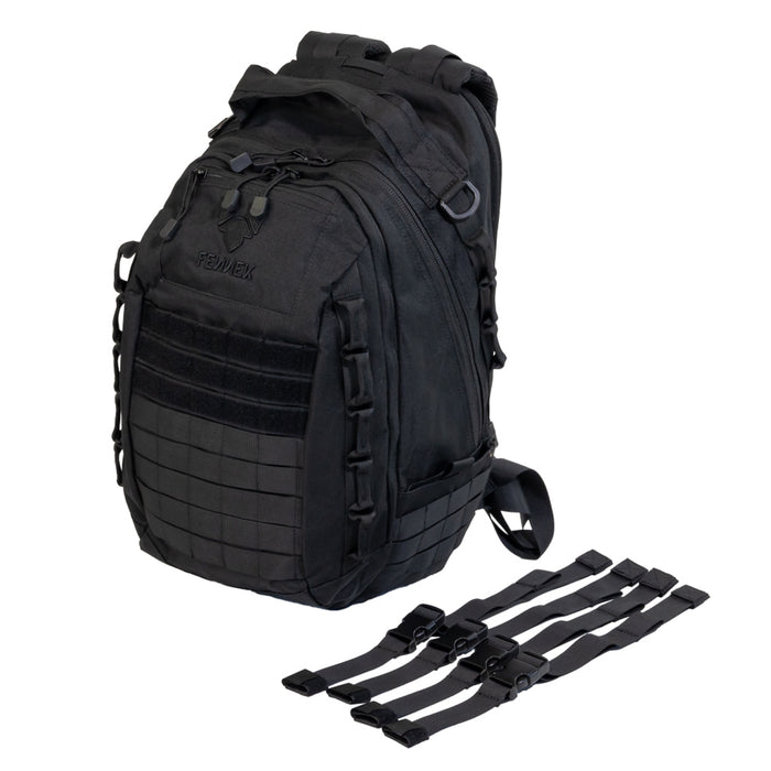 Freisteller vom Backpack One2explore vor weißem Hintergrund. Daneben liegen die 4 zugehörigen Kompressionsgurte.