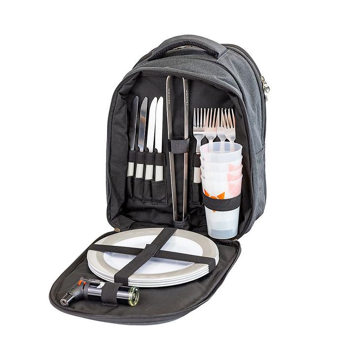 nach vorne geöffneter Rucksack mit Picknick-Set für 4 Personen.