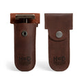 Hide & Drink Barber Razor Sheath in dark brown, a stylish Double Edge Protector Case made from Full Grain Leather. This Safety Cover is perfect for travel and commuter essentials, offering a portable carry bag for your razor. Artisan handmade in La Antigua Guatemala with small batch production techniques.