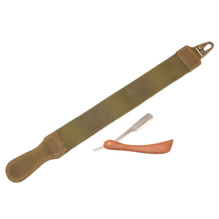 Hide & Drink's Barber Strop featuring unique leather coloration, ideal for barbers. This Full Grain Leather shaving sharpener doubles as a Razor Strop, emphasizing artisan production from La Antigua Guatemala.