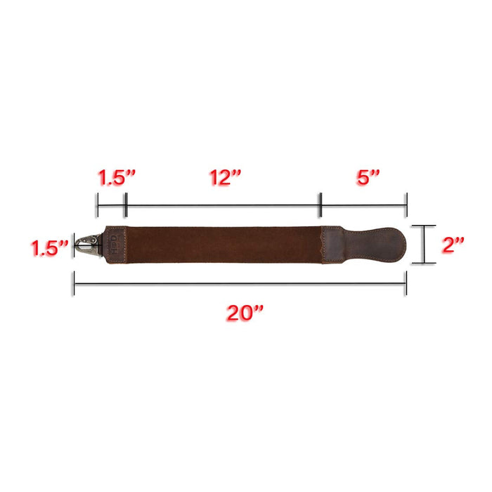 The dimension specifications for Hide & Drink's Barber Strop, a Full Grain Leather shaving sharpener. This essential tool, also known as a Razor Strop, highlights the artisan approach of small batch production in La Antigua Guatemala.