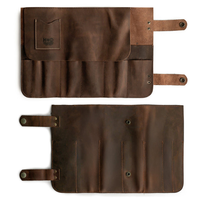 Open layout of Hide & Drink's Barber Tool Roll, featuring a Snap Tool Roll Up Bag with 14 Slots designed for efficient storage of scissors & screwdrivers. Crafted from durable Full Grain Leather, this portable carry case reflects StockyardX's commitment to small batch production, artisan craftsmanship, hand cut, hand sewn, and fire branded in La Antigua Guatemala & Oaxaca Mexico.