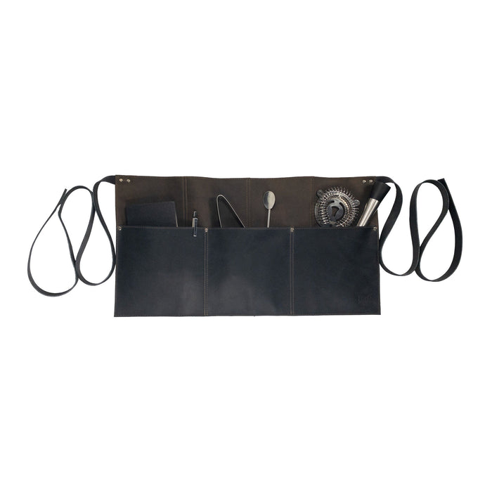 Hide & Drink Barista Leather Waist Apron with tools, emphasizing its riveted pockets and quality full grain leather. Perfect as waitress and waiter accessories, handcrafted in small batch production in La Antigua Guatemala & Oaxaca Mexico.