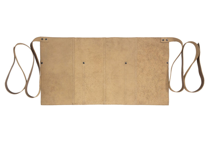 Close-up of the leather and details of Hide & Drink Barista Leather Waist Apron, showcasing riveted pockets, ideal for waitress and waiter accessories. Artisan-made in La Antigua Guatemala & Oaxaca Mexico.