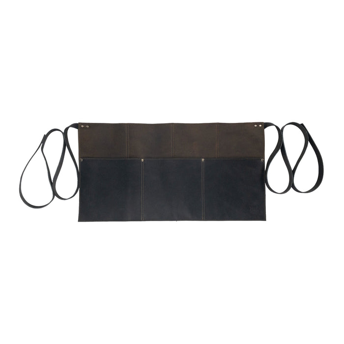 Hide & Drink Barista Leather Waist Apron in a stylish display highlighting the riveted pockets. This full grain leather apron makes for great server shorts and is handmade in small batch production in La Antigua Guatemala & Oaxaca Mexico.