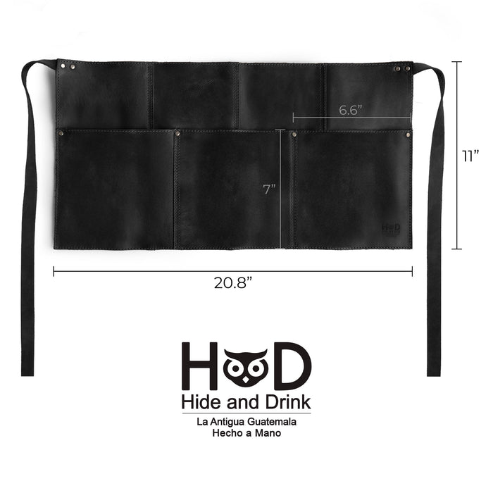 Dimensions of the black Hide & Drink Barista Leather Waist Apron, showing riveted pockets, crafted for functionality as waitress and waiter accessories, handmade from full grain leather in La Antigua Guatemala & Oaxaca Mexico.