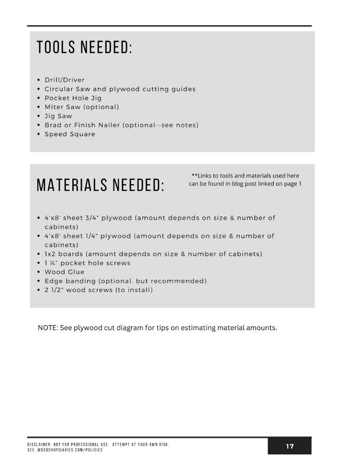 Tools and materials list for building DIY base cabinets