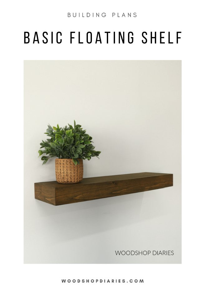 Wooden floating shelf with a plant on a white wall, featuring 'Woodshop Diaries' branding.