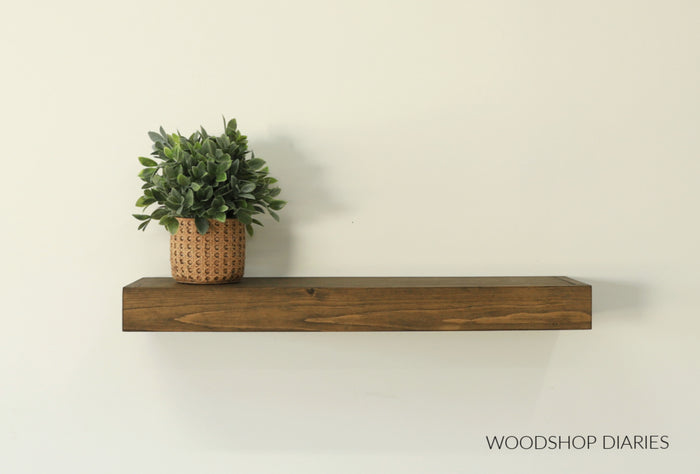 Wooden shelf with a plant on a plain wall, featuring 'Woodshop Diaries' branding.