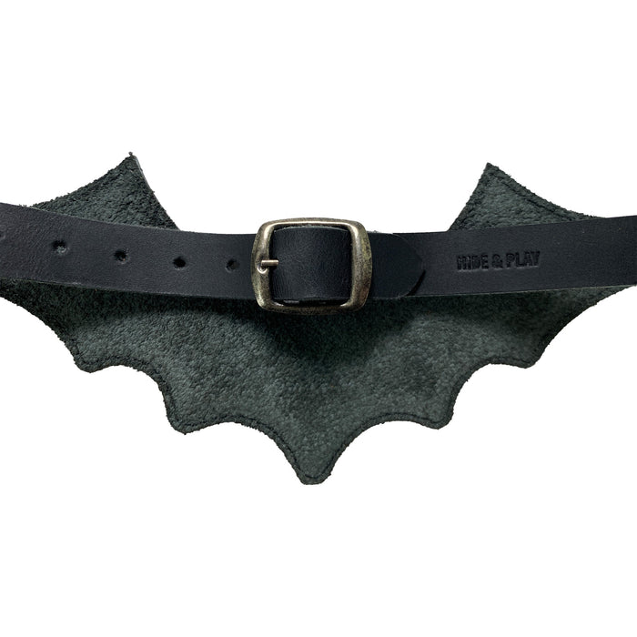 Detailed view of the underside of the Bat-man Choker by Hide & Play, showcasing the quality of the leather and buckle. This Bat Choker is a unique, handmade accessory, highlighting its full grain leather craftsmanship in La Antigua Guatemala.