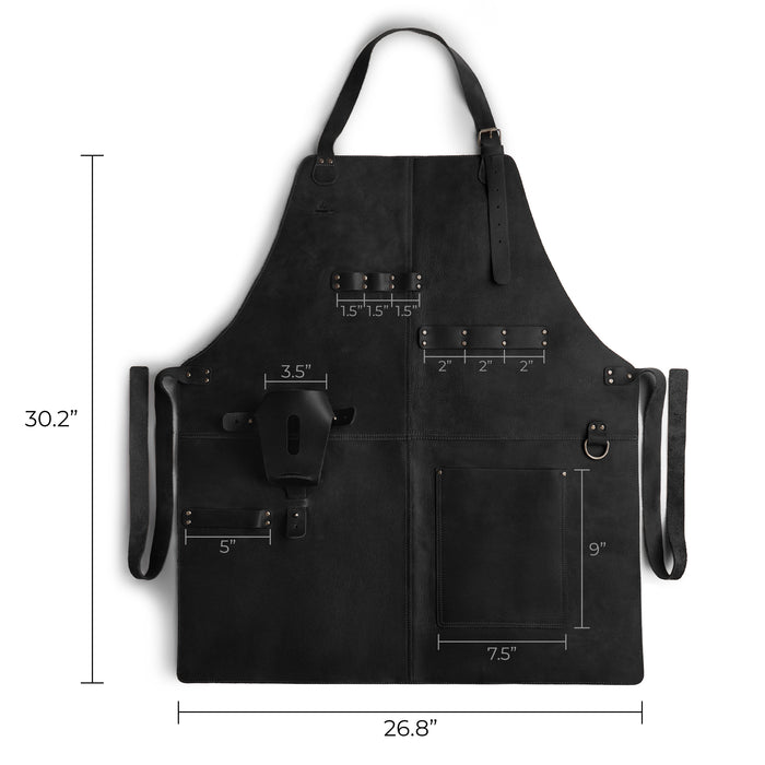 Cast Leather Co. BBQ Apron in black, showcasing its practical design with adjustable neck strap. Ideal for any barbecue setup, this full grain leather apron reflects artisan craftsmanship and is handmade in La Antigua Guatemala & Oaxaca Mexico.