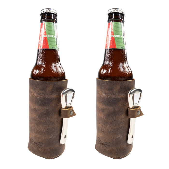 Hide & Groom Beer Bottle Sleeve Set of 2 displayed on chilled bottles, featuring bottle opener slots. These collapsible full grain leather sleeves are perfect for weddings and events, showcasing small batch production in La Antigua Guatemala.