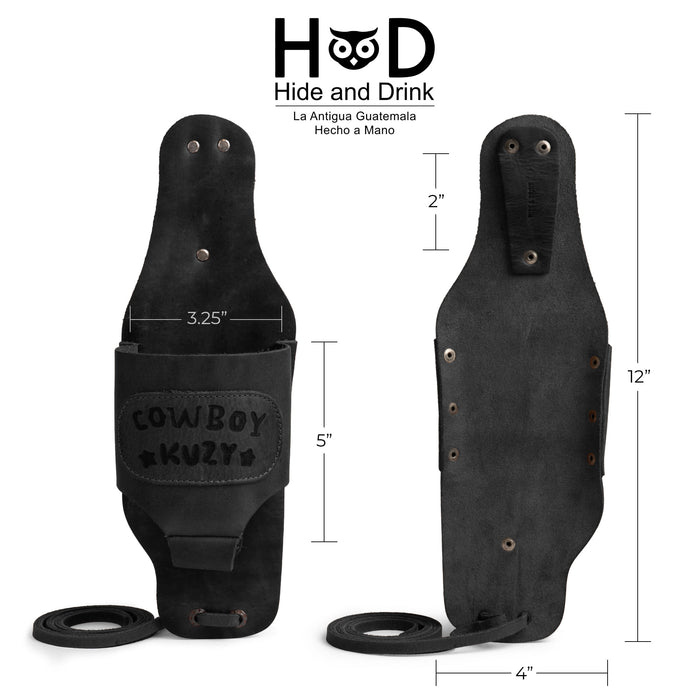 Hide & Drink Beer Holster Cowboy Buzy, the must-have Beer Holster for Cowboy that offers hands-free convenience for your beverage. This Western Bottle Leg Grip is crafted from full grain leather, celebrating small batch production and artisan quality in La Antigua Guatemala.