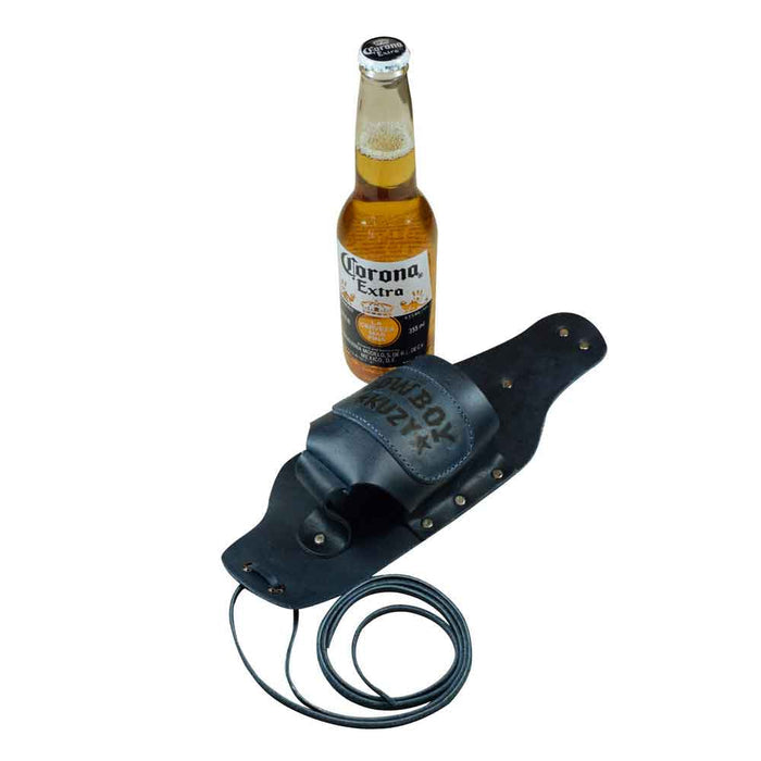 Hide & Drink Beer Holster Cowboy Buzy, an innovative Beer Holster for Cowboy that provides a unique hands-free experience. This Western Bottle Leg Grip, made from durable full grain leather, highlights small batch artisan craftsmanship from La Antigua Guatemala.