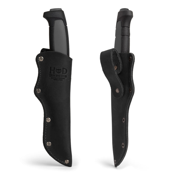 Belt Mora Knife Sheath by Hide & Drink, showcasing a unique Thick Sheath for Mora Knife with Belt Loop. A handcrafted rustic accessory made from quality Full Grain Leather.