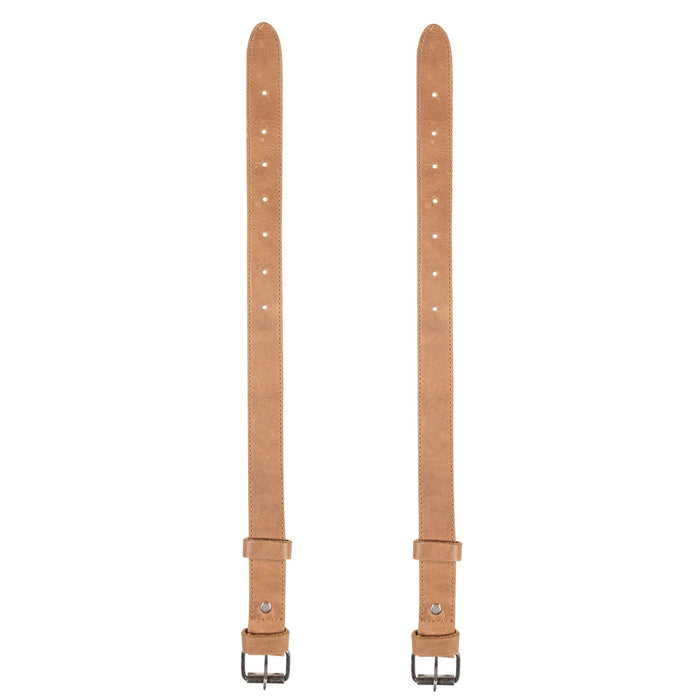 Bicycle Ankle Bands by Hide & Drink, showing two Rustic Bicycle Ankle Bands designed with a classic Brass Metal Buckle. These Adjustable Straps for Legs, made from superior Full Grain Leather, are ideal for Vintage Gifts for Cyclists and are handcrafted in La Antigua Guatemala.