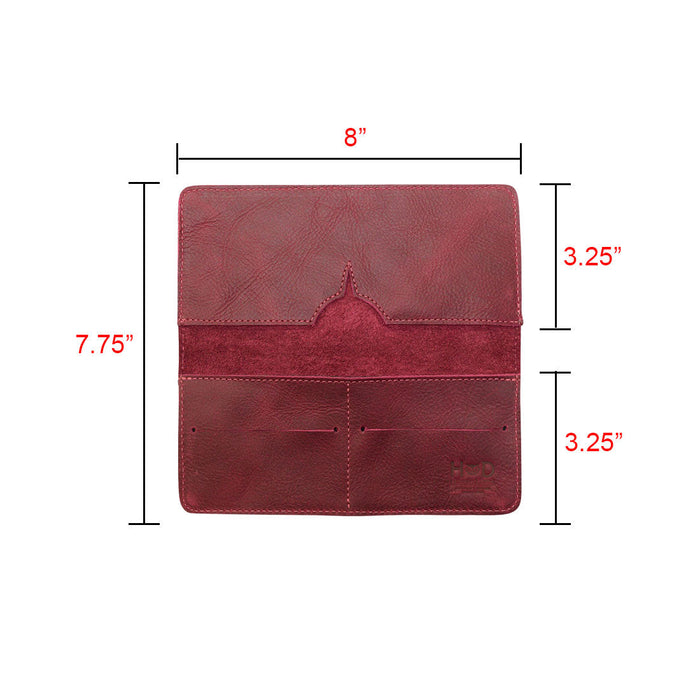 Dimensions infographic of bifold wallet for cellphone by Hide & Drink, illustrating its size. This informative image highlights the compact design of the Bifold Wallet for Cellphone, made from durable Full Grain Leather. Each piece is crafted with love through small batch production in La Antigua Guatemala & Oaxaca Mexico.