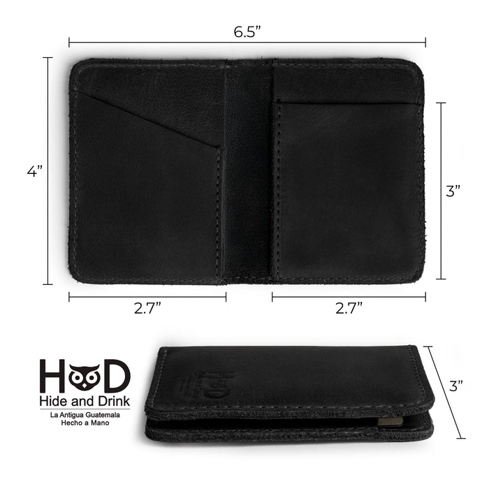 Hide & Drink Bifold Wallet with measurements, showcasing artisan craftsmanship and a sleek design for the modern traveler who values full grain leather products.