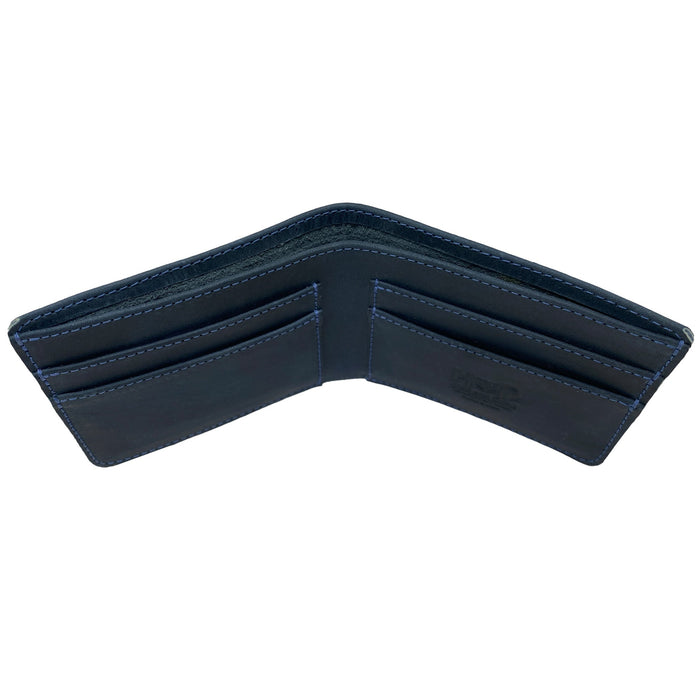 Inside of Hide & Drink's blue Bifold Wallet with card slots, demonstrating its space for essentials. This Slim Bifold Wallet is a classic billfold, perfect for storing cash and cards, making it a reliable travel accessory handcrafted from full grain leather in La Antigua Guatemala & Oaxaca Mexico.
