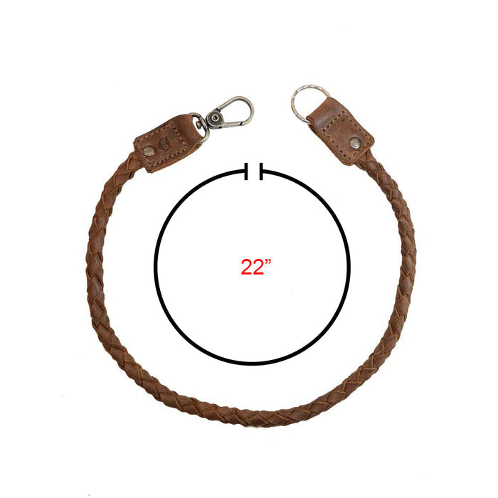 Biker Chain by Hide & Drink showcasing a braided design with a length of 22 inches, ideal for use as a key lanyard for wallet. This rustic keychain is made from durable full grain leather, emphasizing the quality of small batch production, artisan handcrafted in La Antigua Guatemala & Oaxaca Mexico.