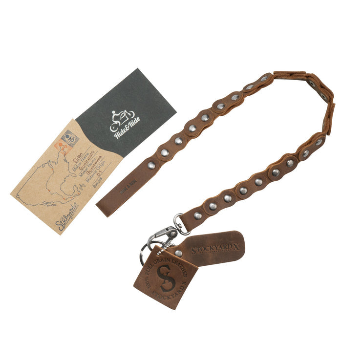 The Biker Chain by Hide & Ride presented with packaging, showcasing its artisan craftsmanship. This full grain leather trouser chain is perfect for those who need a wallet chain or jeans pocket chain. Hand cut and hand sewn, it embodies the quality of StockyardX in small batch production, made in La Antigua Guatemala & Oaxaca Mexico.