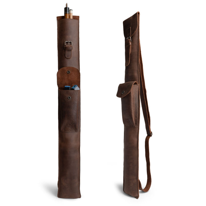 Hide & Drink Billiard/Pool Cue Case in a rustic design, featuring a flat profile and adjustable strap, made from durable full grain leather. Perfect for carrying your billiard cues securely. Rustic Billiard/Pool Cue Flat Case, Stick Carrying Bag with Adjustable Strap, Full Grain Leather, StockyardX, Small Batch Production, Hand Cut, Hand Sewn, Fire Branded, Artisan, Handmade in La Antigua Guatemala & Oaxaca Mexico.
