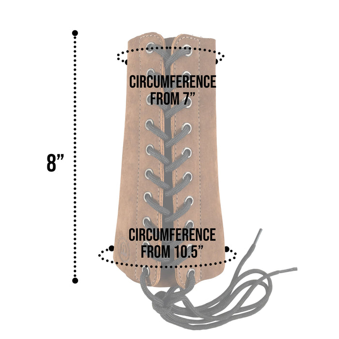 Measurement details of the Blacksmith Forearm Protector by Toolshed Hide, showcasing its dimensions. This protective gear made from full grain leather is hand cut and sewn, embodying artisan quality and heat resistance‚Äîan essential for any blacksmith.