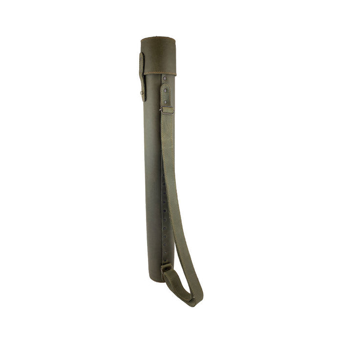 Hide & Drink's Blueprint Tube (A2 Paper Size) highlighted with detailed shots of its olive green leather. This document storage tube features an adjustable strap, perfect for architects, showcasing artisan craftsmanship and small batch production by StockyardX, handmade in La Antigua Guatemala & Oaxaca Mexico.