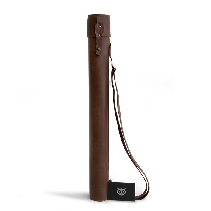 Hide & Drink's Blueprint Tube (A2 Paper Size), elegantly designed and made from premium full grain leather with a convenient adjustable strap. This document storage tube reflects the artisan craftsmanship and dedication to small batch production by StockyardX, handmade in La Antigua Guatemala & Oaxaca Mexico.
