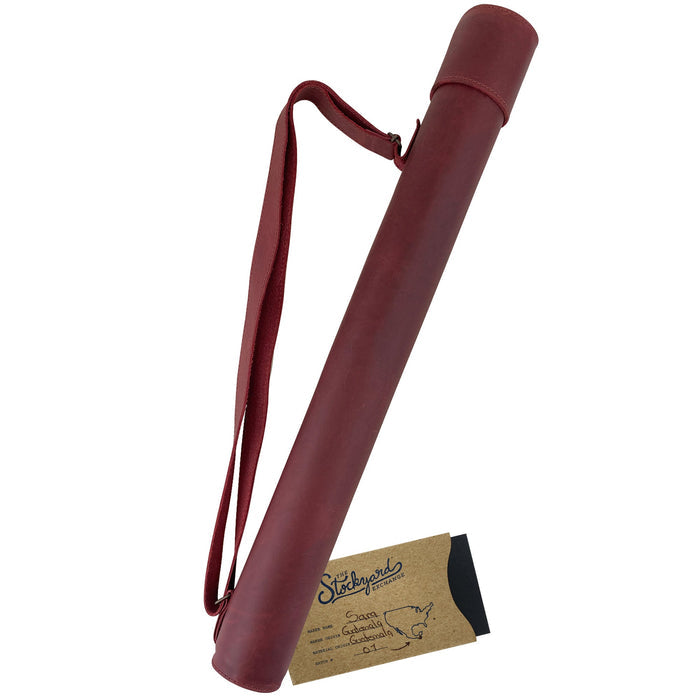 Front view of Hide & Drink's Blueprint Tube (A2 Paper Size) in olive green, showing sleek design. This full grain leather tube comes with an adjustable strap, perfect for professionals, reflecting artisan quality and small batch production from StockyardX, handmade in La Antigua Guatemala & Oaxaca Mexico.