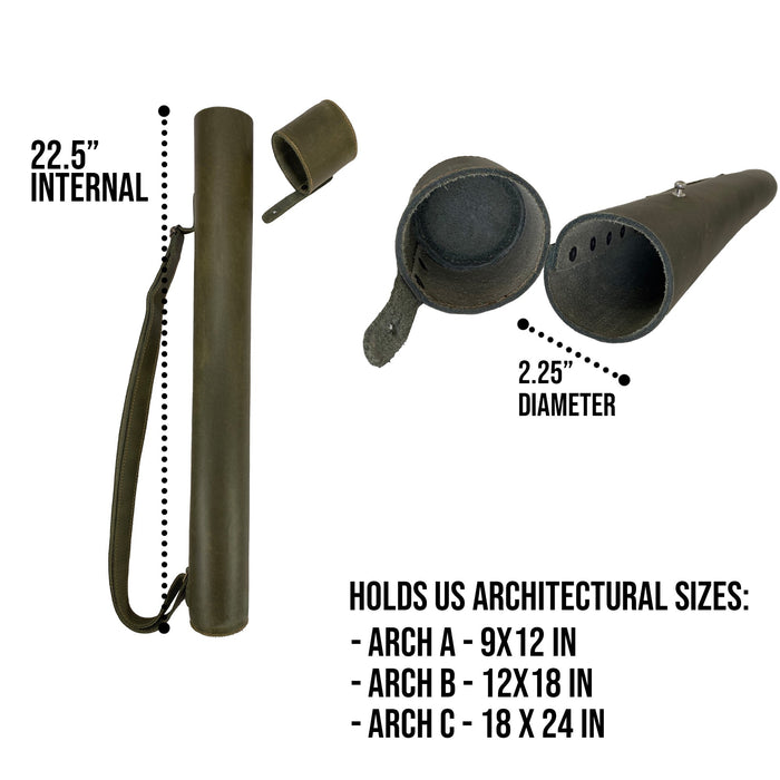 Hide & Drink's Blueprint Tube (A2 Paper Size) with detailed views highlighting the navy leather craftsmanship. This practical document storage solution features an adjustable strap, reflecting StockyardX's artisan production and handmade quality from La Antigua Guatemala & Oaxaca Mexico.