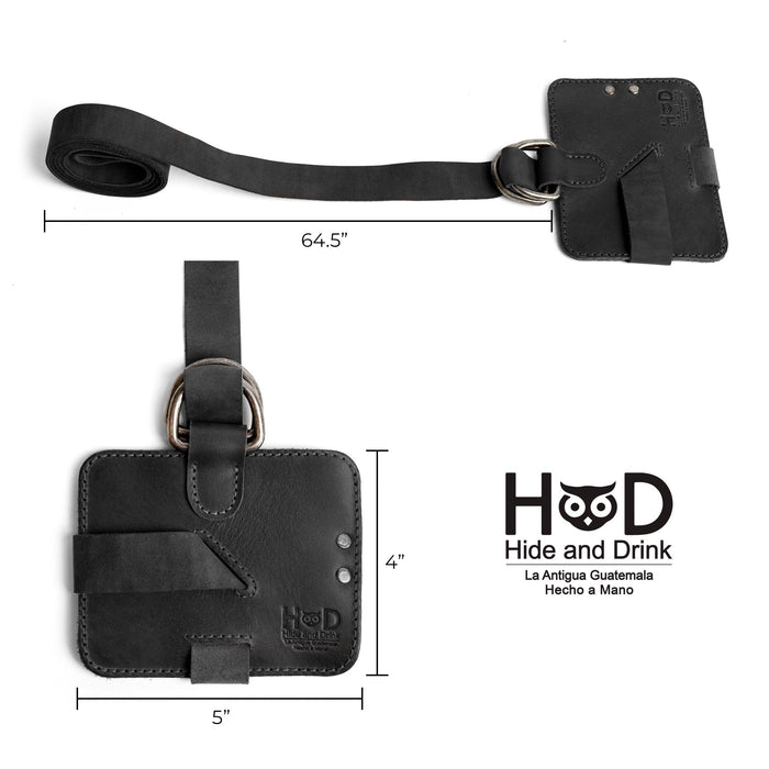Specifications of the Hide & Drink Book Strap Carrier, detailing its dimensions and design. This Full Grain Leather accessory is artisan-crafted in La Antigua Guatemala, perfect for stylish readers seeking practical solutions.