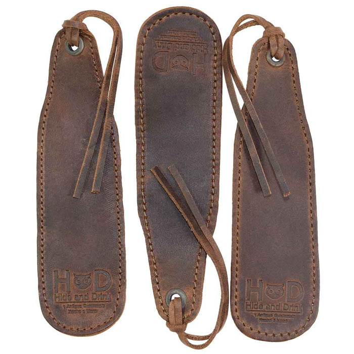 Hide & Drink Bookmark (3-Pack), an elegant full grain leather accessory designed for book lovers. Handmade in small batches in La Antigua Guatemala, showcasing artisan skills.