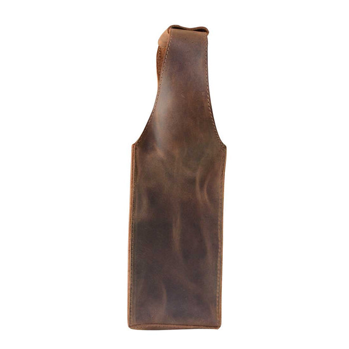 Back view of the Bottle Wine Carrier by Hide & Drink, designed with a squared shape and sturdy handle. This rustic case is an ideal Bordeaux bottle holder and carry-on pouch for picnic accessories. Its construction from full grain leather exemplifies small batch production with exquisite hand cut and hand sewn artistry, fire branded by artisans from La Antigua Guatemala and Oaxaca Mexico.