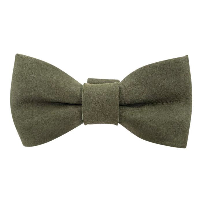 Green suede bow tie for dog collar by Taco Dog, showcasing a soft texture. This stylish Bow Tie for Dog Collar can easily attach to collars (1.25 in. wide) for a trendy touch. Bow Tie for Dogs - Attaches onto Most Dog Collars (Collar Not Included) - Fancy Cute Stylish Pet Accessory Attachment, Full Grain Leather, StockyardX, Small Batch Production, Hand Cut, Hand Sewn, Fire Branded, Artisan, Handmade in La Antigua Guatemala & Oaxaca Mexico.