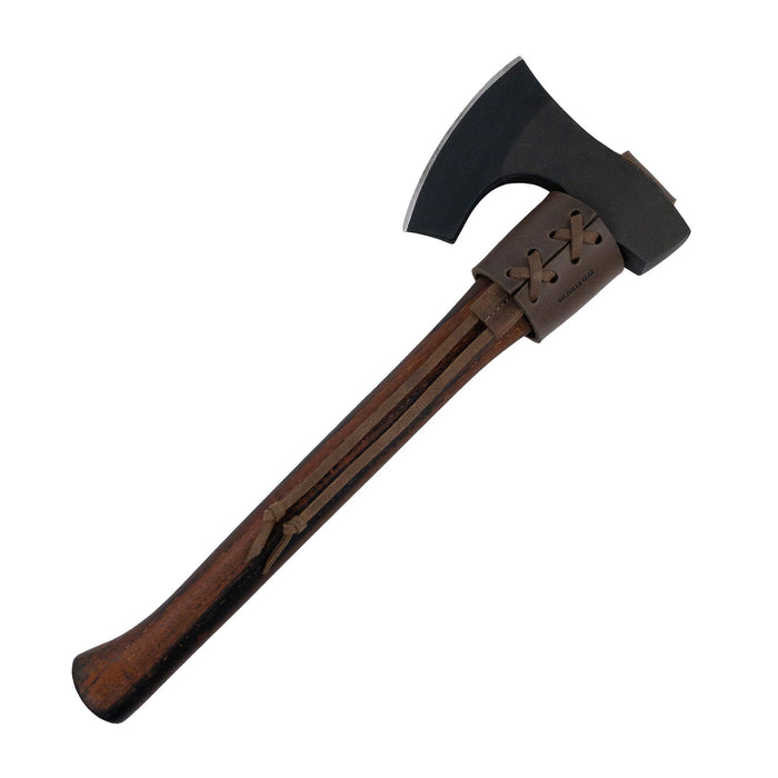 A detailed view of a Braided Axe Holder with Belt Loop crafted by Valhalla Gear, highlighting its handmade quality and full grain leather material. Perfect for camping, cosplay, and lumberjack outdoor activities, this product serves as a stylish tool organizer.