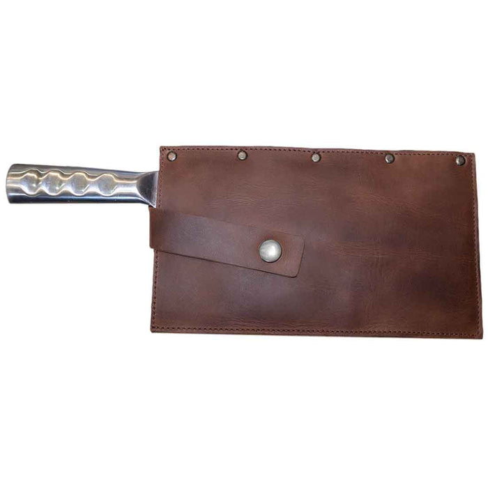 Hide & Drink Butcher Knife Holster showcasing a rustic full grain leather sheath designed for cleaver butcher knives, featuring a handmade finish that emphasizes quality and craftsmanship from artisan makers in La Antigua Guatemala & Oaxaca Mexico. This stylish and durable artisan piece is a must-have for kitchen essentials, ensuring a proper blade cover for your kitchen tools.