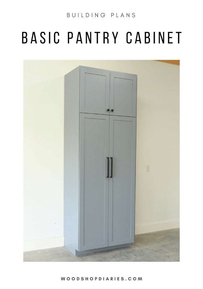 DIY basic pantry cabinet building plans – finished gray shaker-style cabinet with black hardware